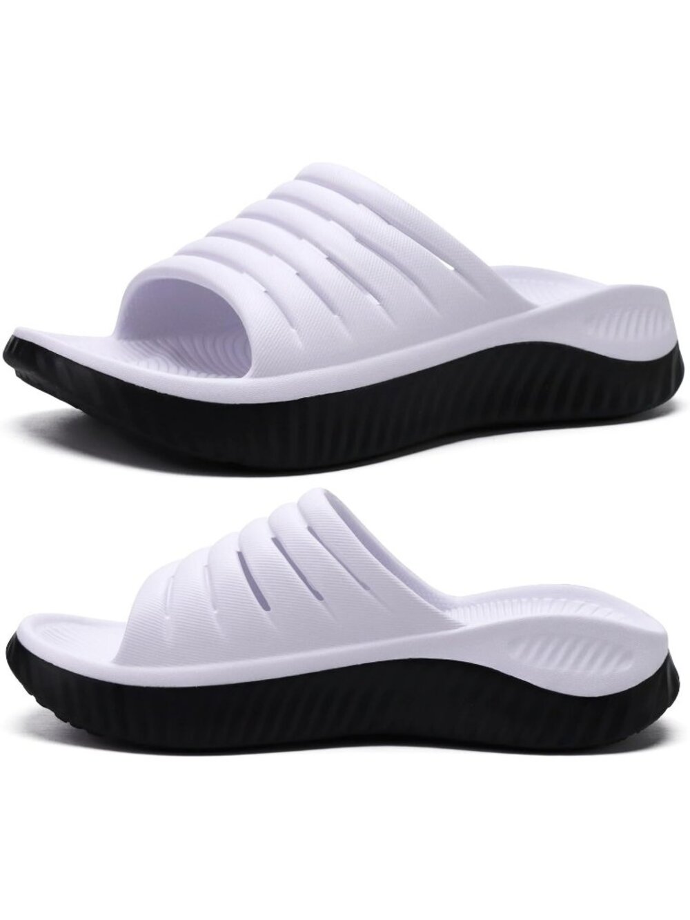 Women's White Black Comfortable Open Toe Slides Thick Cushion Recovery Sandals